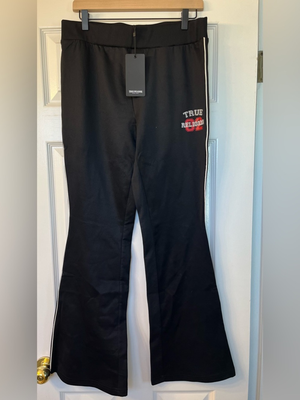 True Religion Womens M Black Flared Track Pants with Side Stripe